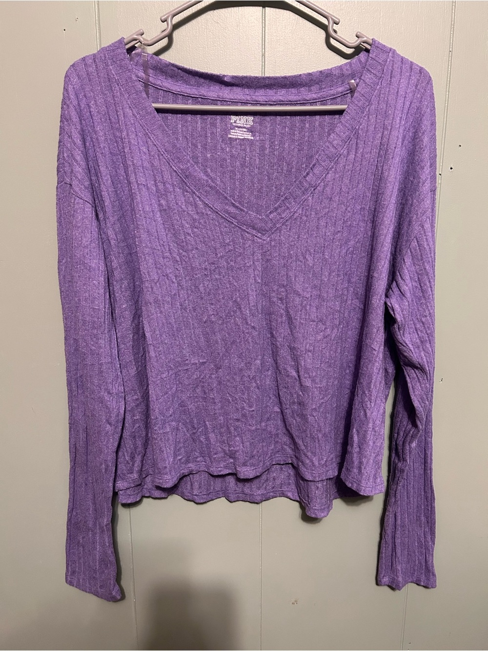 PINK Victoria's Secret Lavender Ribbed V-Neck Long Sleeve Top